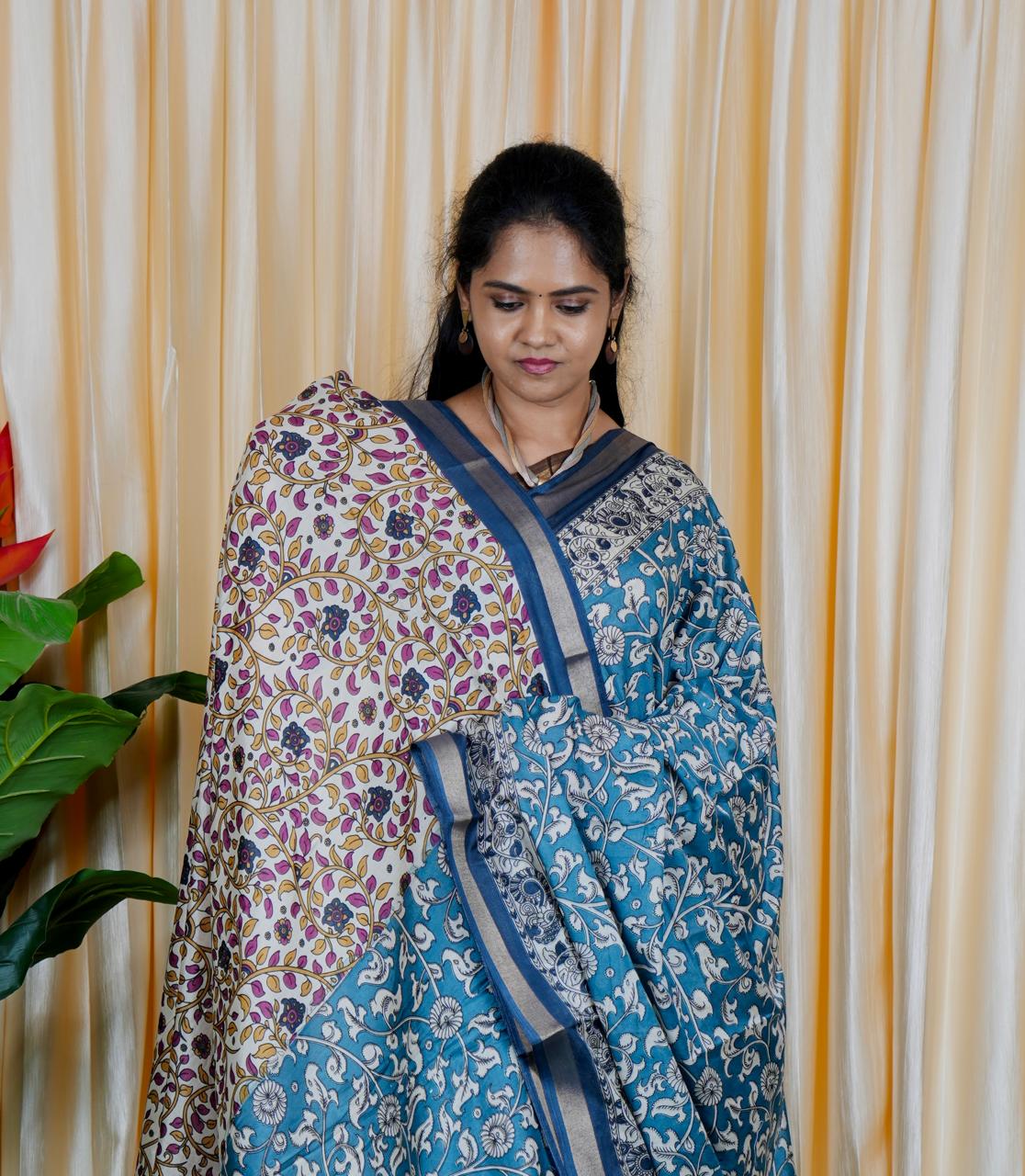 Mul mul cotton saree. contrast kalamkari ❌
