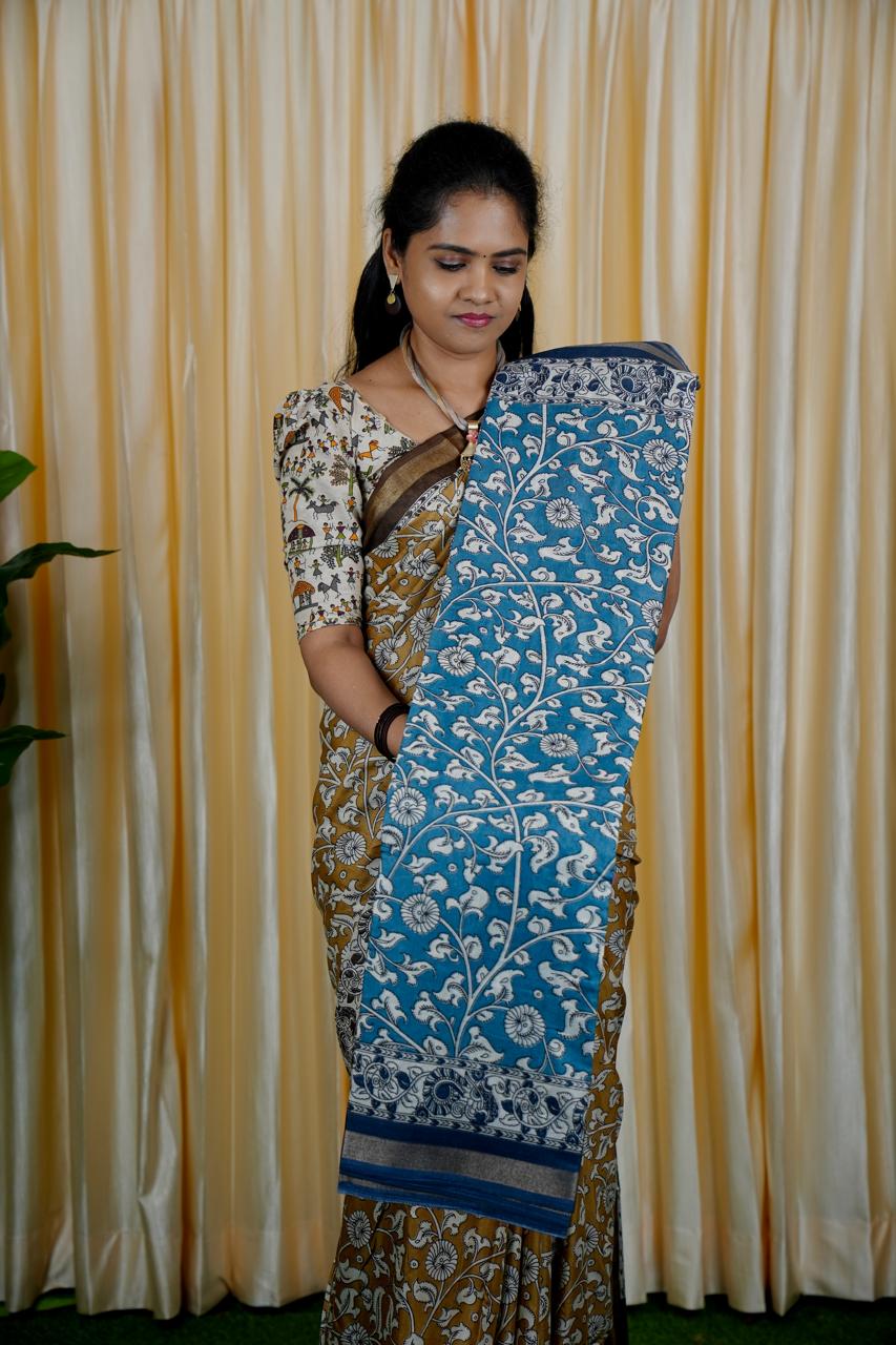 Mul mul cotton saree. contrast kalamkari ❌