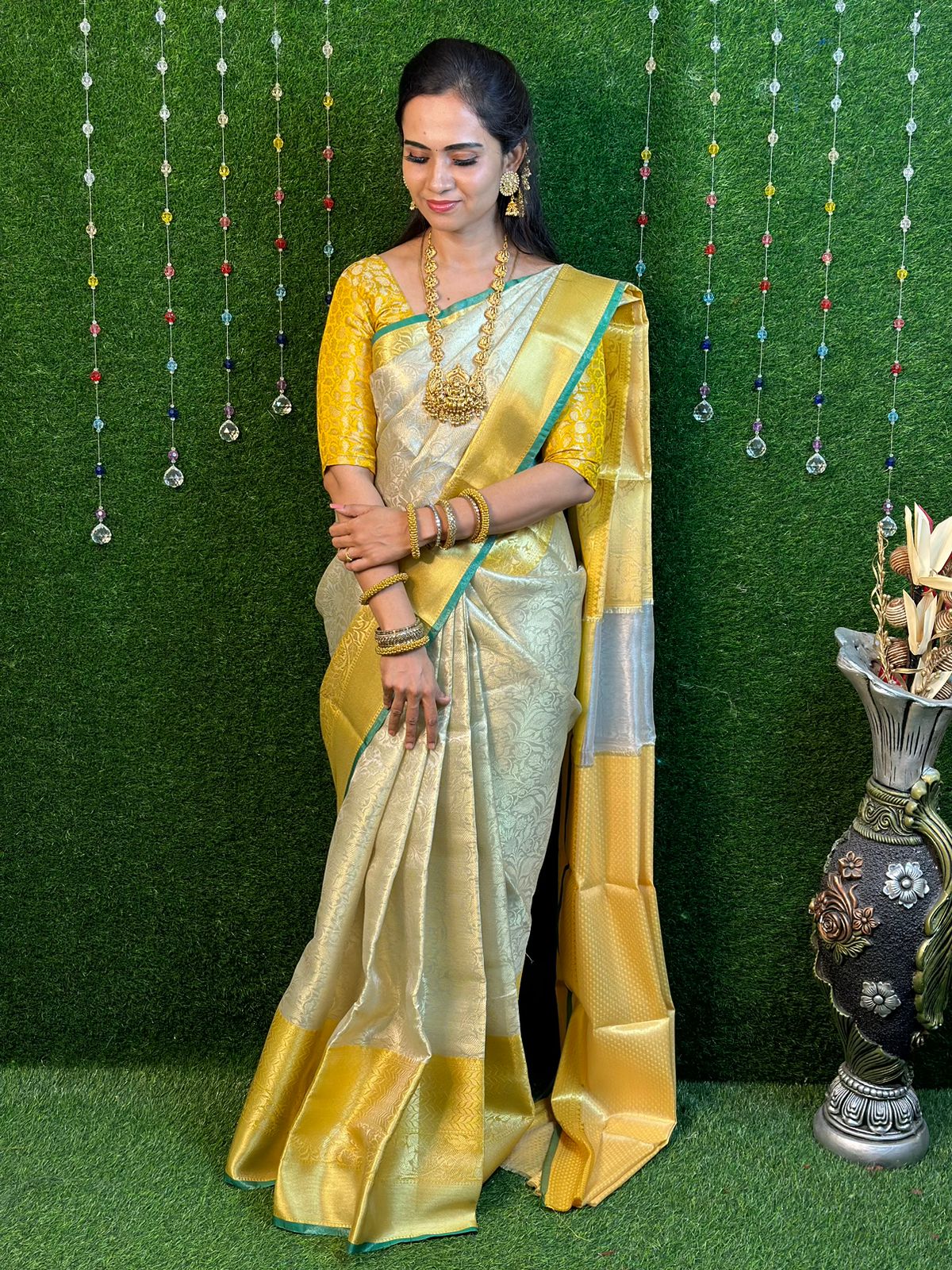 Yellow with dark green Uppada plain sarees