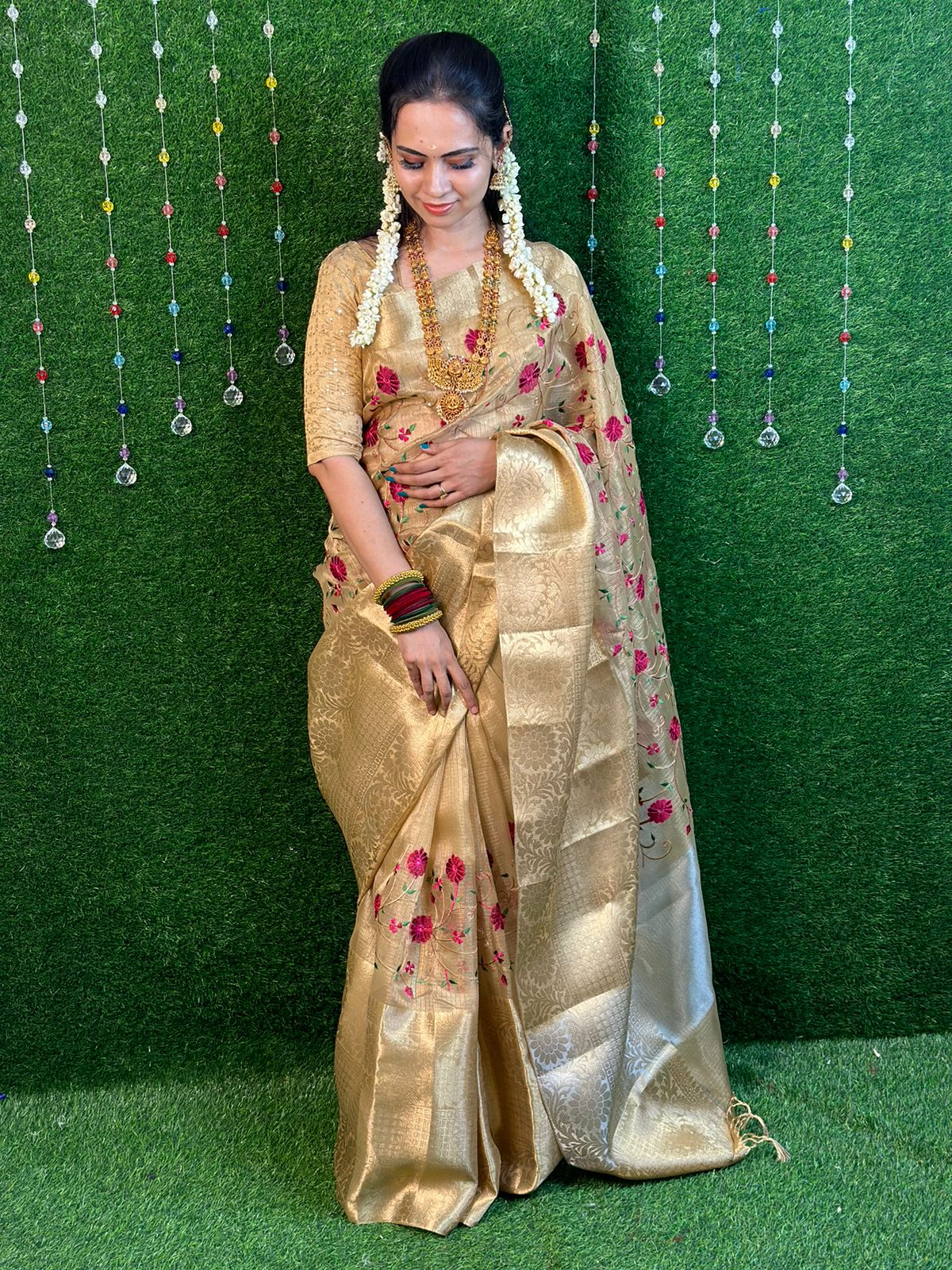 Golden Yellow Tissue Organza Saree With Hand Embroidery | Singhania's