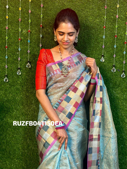 Crushed tissue checked sarees. 🥰