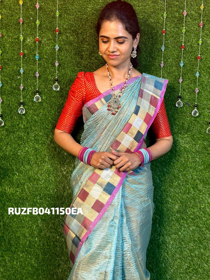 Crushed tissue checked sarees. 🥰