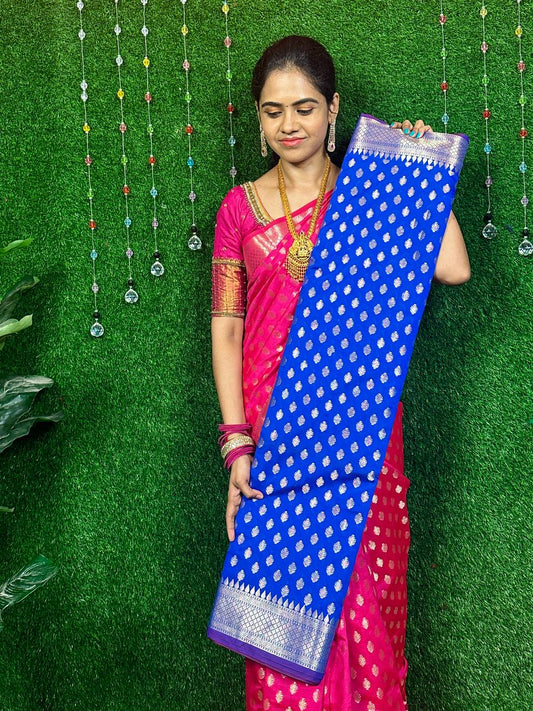 only.Semi katan silk sarees with zari weaving buttas allover