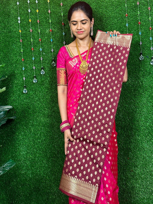 Semi katan silk sarees with zari weaving buttas allover