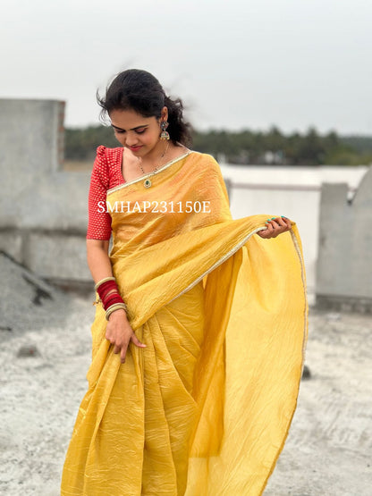 saree+ Red banaraai silk blouse. Fancy soft CrushTissue Silk saree with golden Lace.YYY