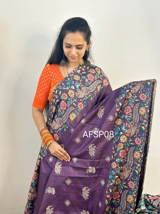 Tussar semi silk saree with embroidery and chumkey work