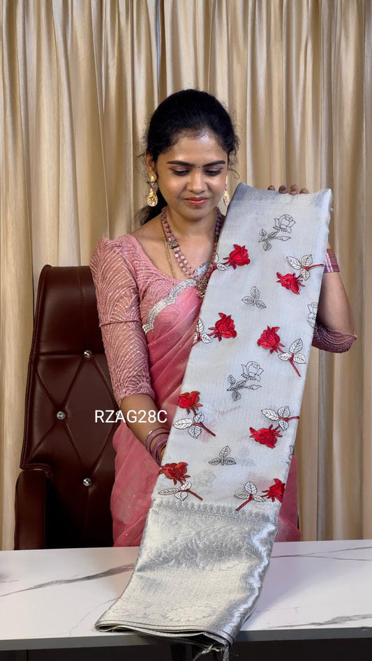 Embroidery tissue saree 🌹 RED ROSE