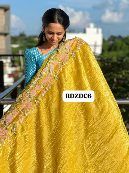 Crushed space silk saree with embroidery border prebook