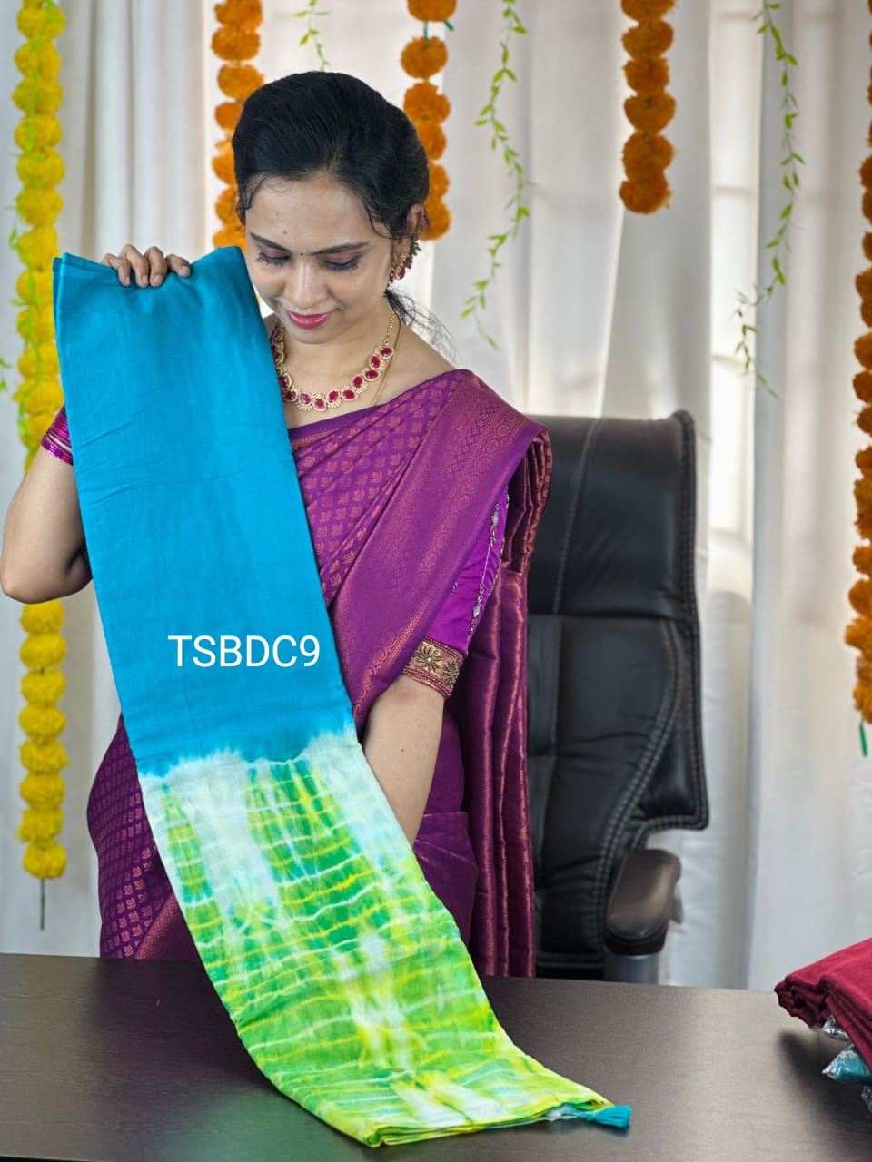Dark Aqua Dyed Mul Mul Cotton Saree with Tassels (without Blouse) main image 1