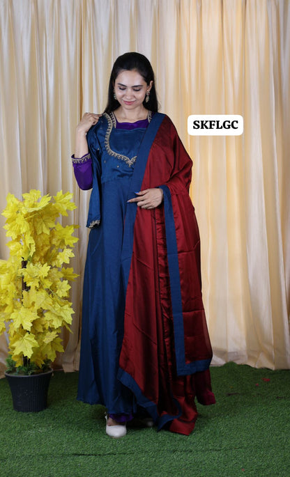 Fully stiched premium vichitra silk long gown with hand🥰🥳