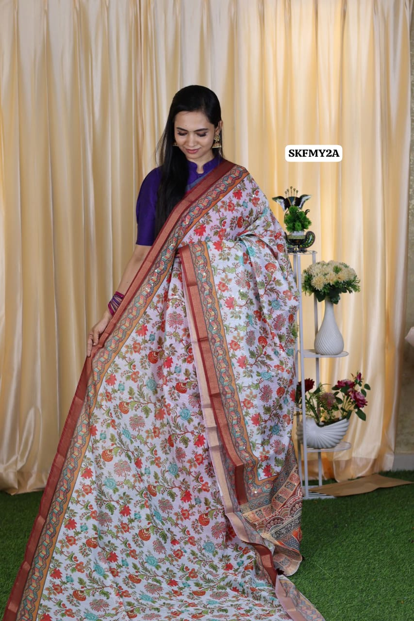 Malai cotton saree with Zari Sequence work and fabulous printed Blouse.❌