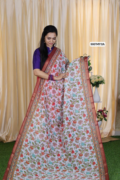 Malai cotton saree with Zari Sequence work and fabulous printed Blouse.❌