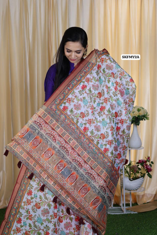 Malai cotton saree with Zari Sequence work and fabulous printed Blouse.❌