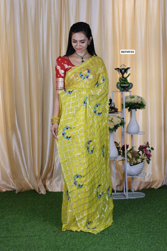 Viscose Georgette Saree With Embroidery and  checks zari Work & contrast blouse ❌