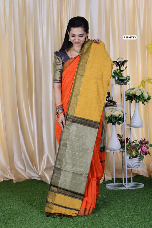 Silk cotton saree with zari border and contrast Pallu color blouse at just Rs.799 🥳