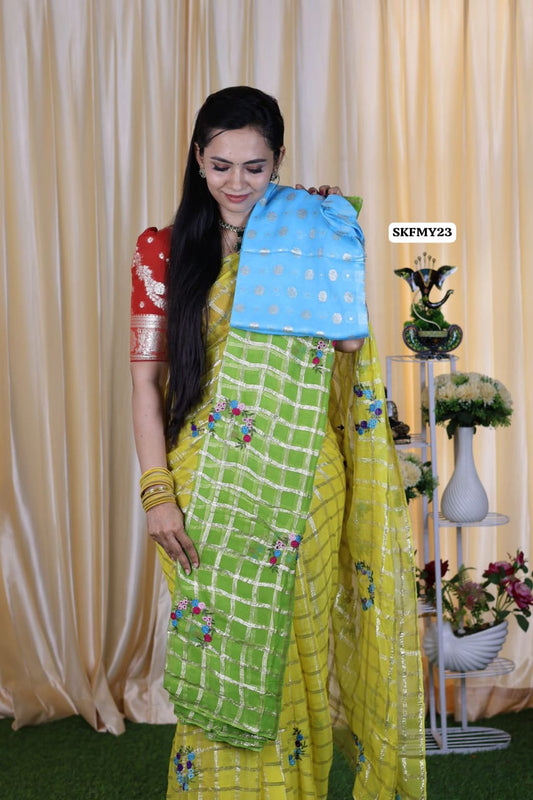 Viscose Georgette Saree With Embroidery and checks zari Work & contrast blouse ❌