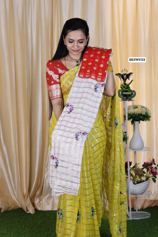 Viscose Georgette Saree With Embroidery and checks zari Work & contrast blouse ❌