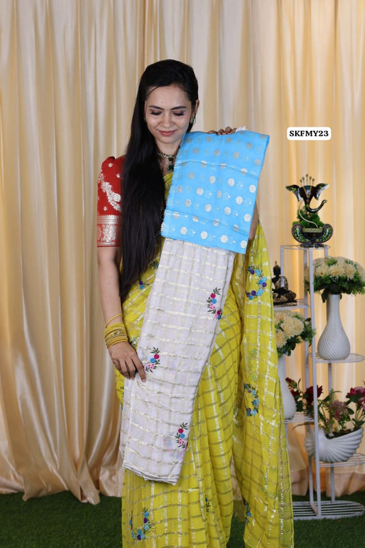 Viscose Georgette Saree With Embroidery and checks zari Work & contrast blouse ❌️