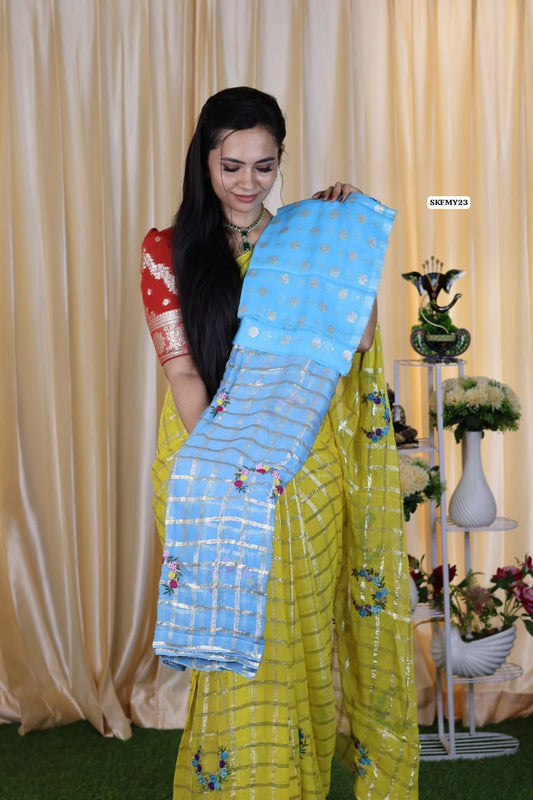 Viscose Georgette Saree With Embroidery and checks zari Work & contrast blouse ❌