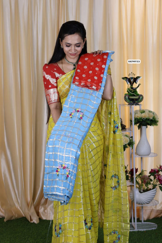 Viscose Georgette Saree With Embroidery and checks zari Work & contrast blouse ❌