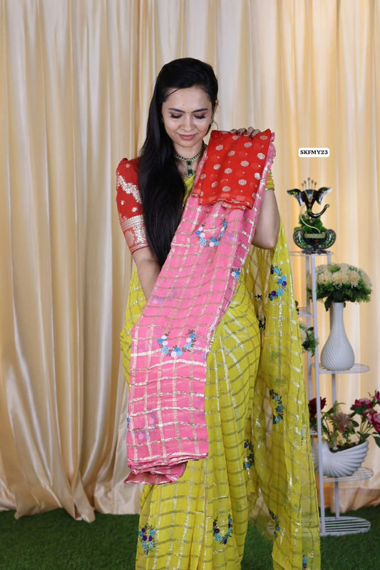 Viscose Georgette Saree With Embroidery and checks zari Work & contrast blouse ❌