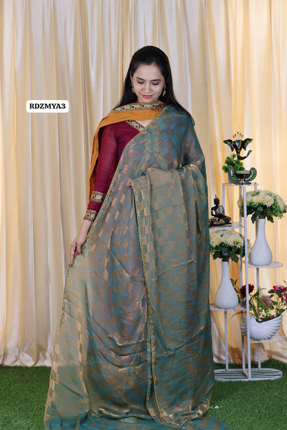 Heavy metallic space silk saree with checks pattern🥳