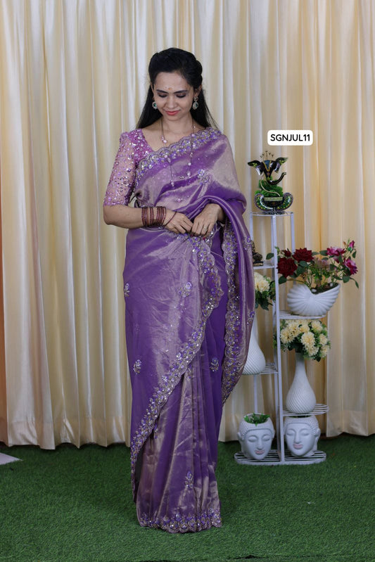 Handwork sequins and jardosi with cut work. Luxury Space silk + jimmy choo mixed fabric party wear saree 🥳
