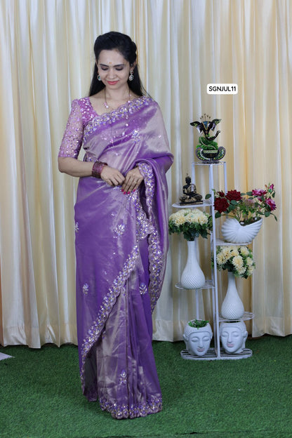 Handwork sequins and jardosi with cut work. Luxury Space silk + jimmy choo mixed fabric party wear saree 🥳