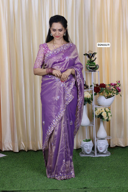 Handwork sequins and jardosi with cut work. Luxury Space silk + jimmy choo mixed fabric party wear saree 🥳