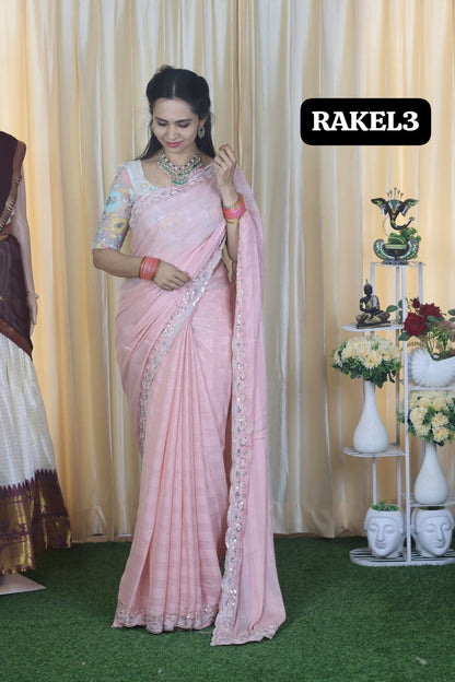 Buttery soft chiffon saree with zari lines and heavy work blouse unstitched 🥳