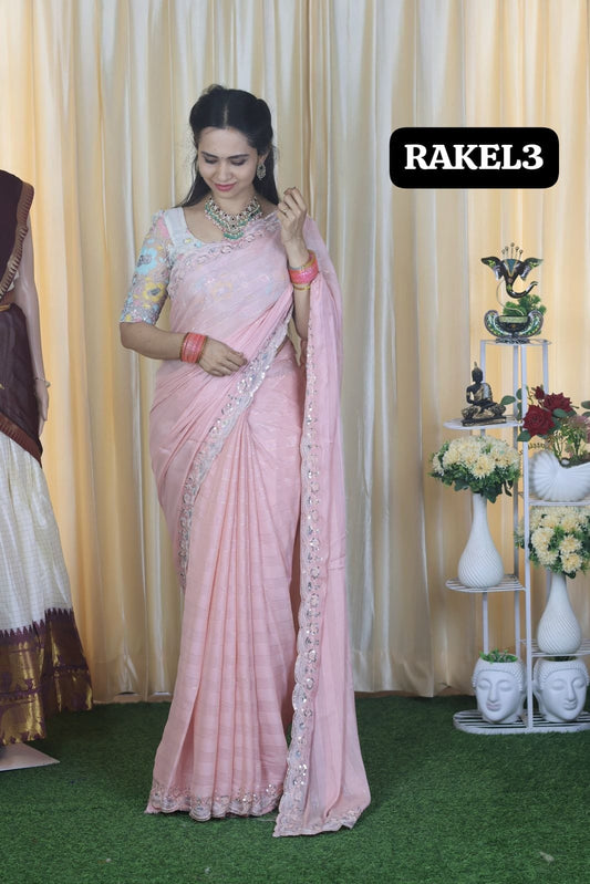 Buttery soft chiffon saree with zari lines and heavy work blouse unstitched 🥳