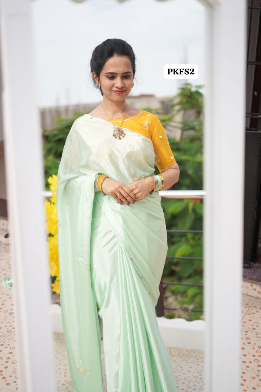 Chinnon silk saree  with readymade blouse .heavy handwork zardosi and organza rose petals 😍🥳