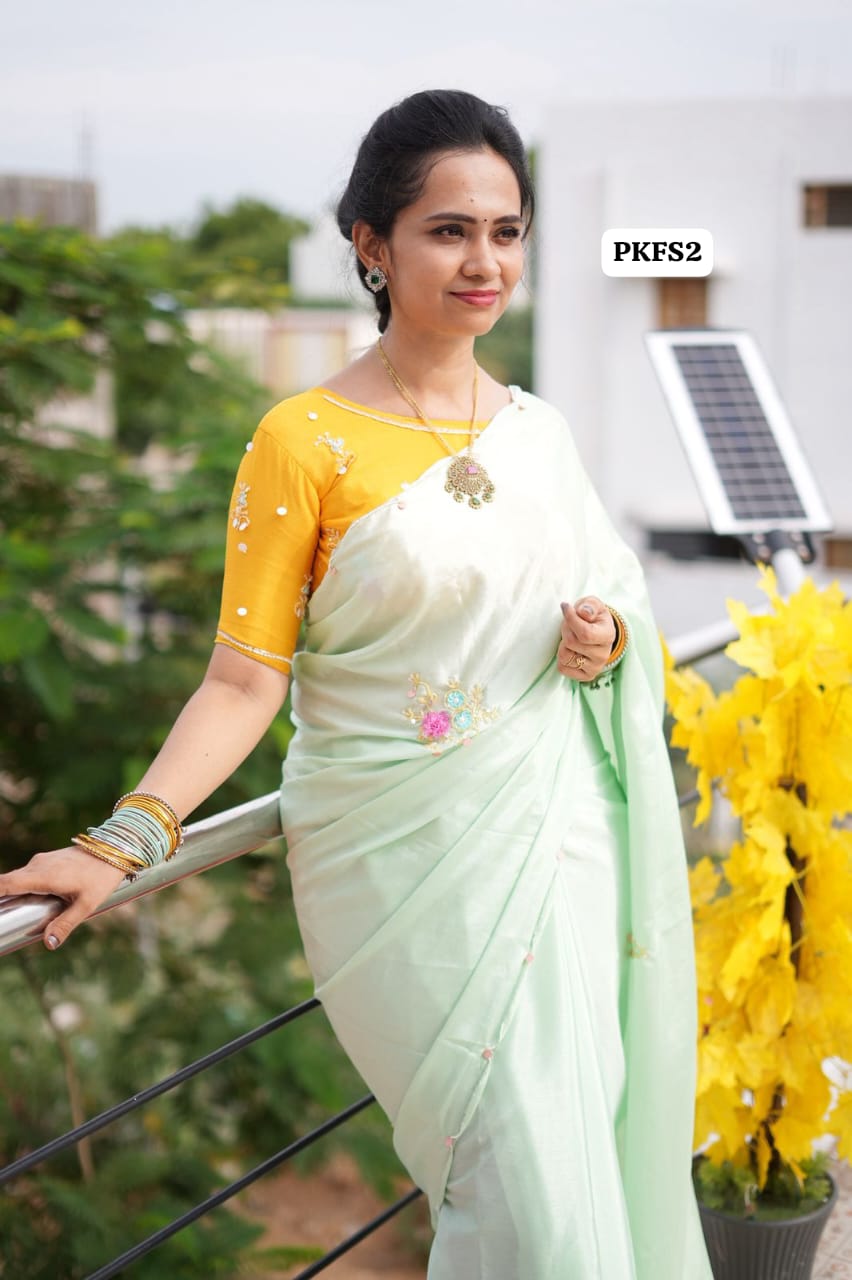 Chinnon silk saree  with readymade blouse .heavy handwork zardosi and organza rose petals 😍🥳