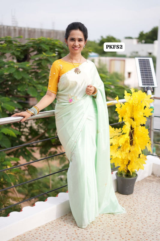 Chinnon silk saree  with readymade blouse .heavy handwork zardosi and organza rose petals 😍🥳