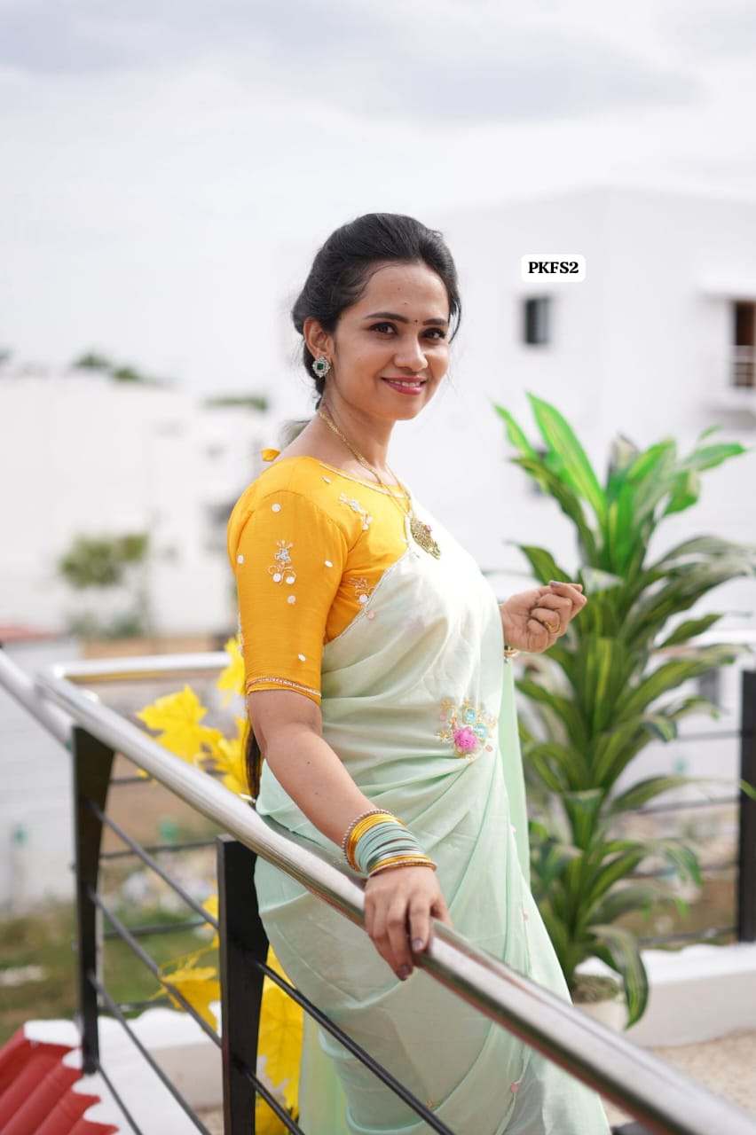 Chinnon silk saree  with readymade blouse .heavy handwork zardosi and organza rose petals 😍🥳