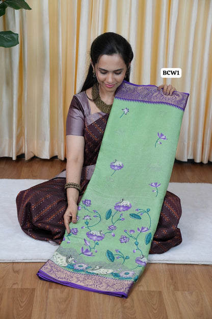Moss chiffon saree with floral and cow design 🌈🥰😎