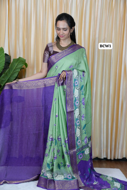 Moss chiffon saree with floral and cow design 🌈🥰😎