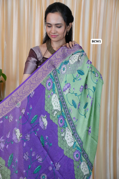 Moss chiffon saree with floral and cow design 🌈🥰😎