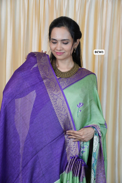 Moss chiffon saree with floral and cow design 🌈🥰😎