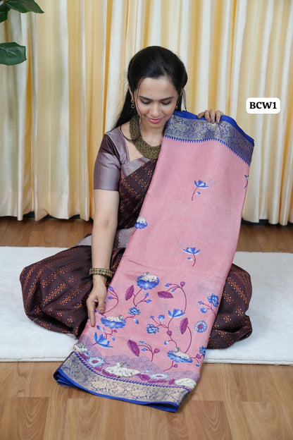 Moss chiffon saree with floral and ow design🌈 🥰😎