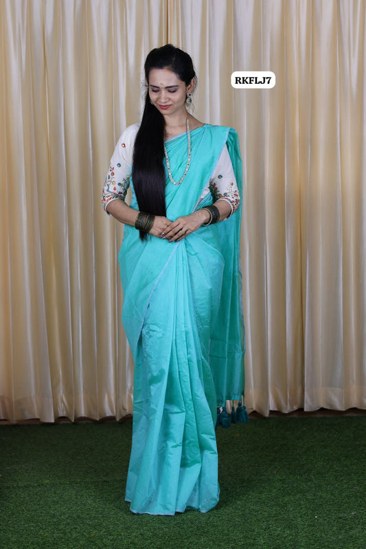 Khadhi cotton saree with pom pom lace paired with embroidery stitched blouse with pad🥳