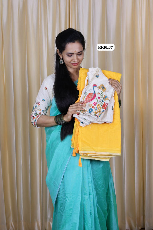 Khadhi cotton saree with pom pom lace paired with embroidery stitched blouse with pad😍🥳