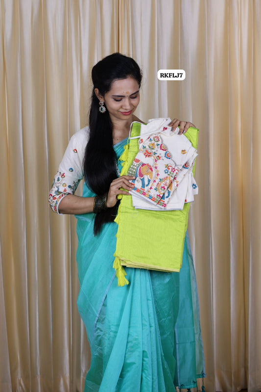 Khadhi cotton saree with pom pom lace paired with embroidery stitched blouse with pad😍🥳
