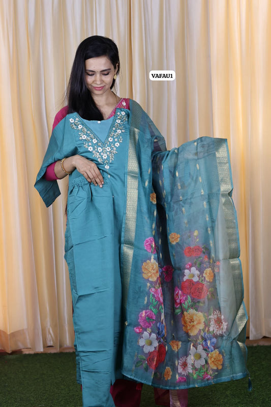 Premium Roman Silk Kurti Pant Dupatta Set with handwork and Chanderi digital print dupatta😍🥳