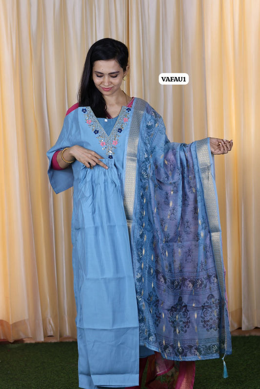 Premium Roman Silk Kurti Pant Dupatta Set with handwork and Chanderi digital print dupatta😍🥳