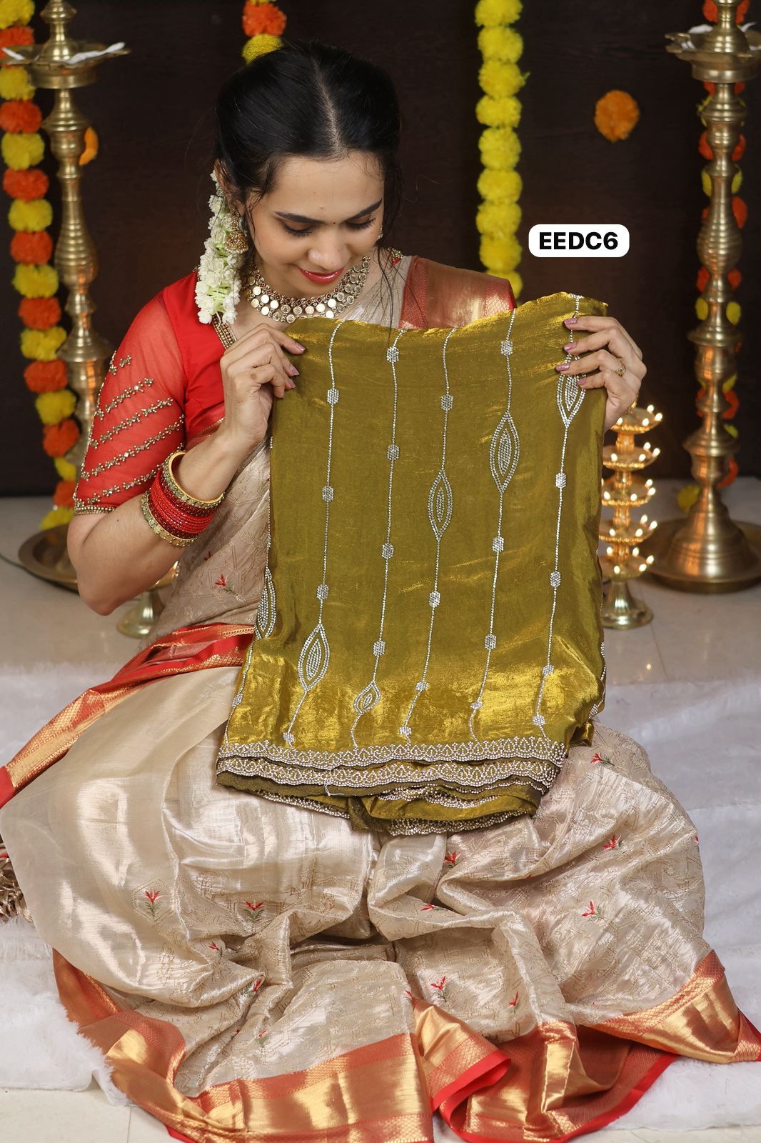 Premium space silk saree with real stone work . Perfect for reception function🥳