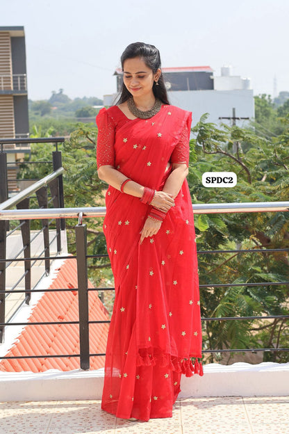 5.5 mtr Mul mul cotton saree with star buttas and long tassles
Without blouse😍🥳