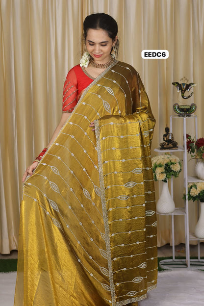 Premium space silk saree with real stone work . Perfect for reception function🥳