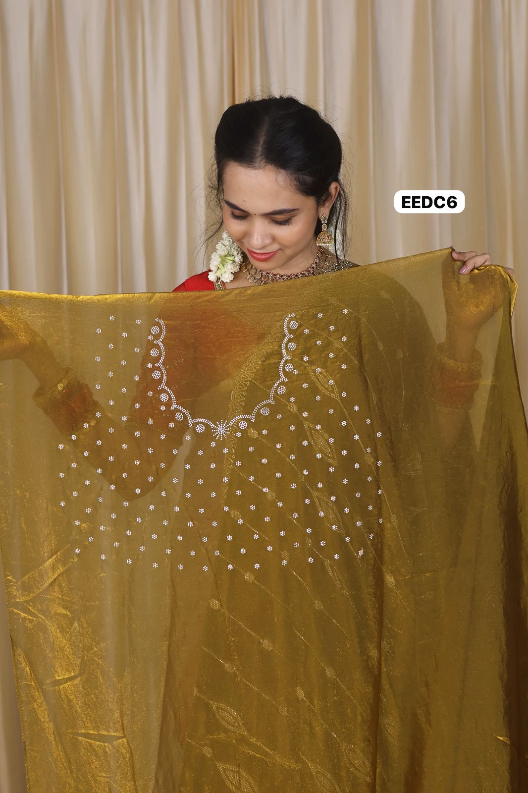 Premium space silk saree with real stone work . Perfect for reception function🥳