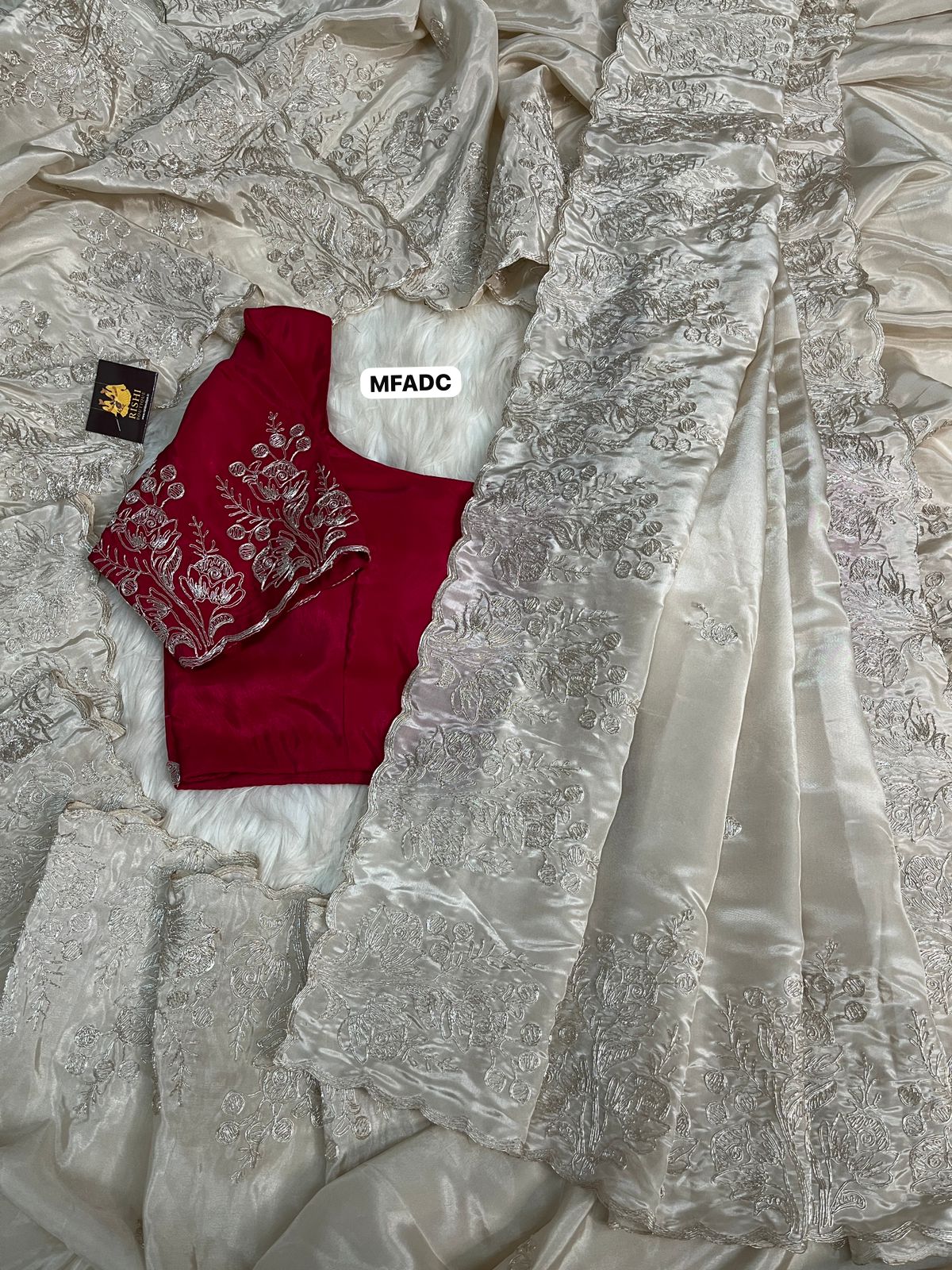 Soft & smooth Pure crape silk with floral design embroidery work with scalloped cutwork border and embroidery work blouse 🥳unstitched